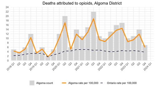 Graph of opioid related deaths in the Algoma district and Ontario