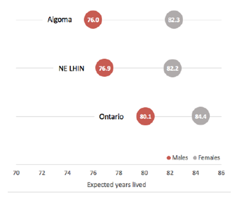 On average, females have a longer life expectancy at birth than males in Algoma, the NE LHIN and Ontario