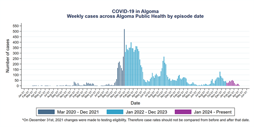 Weekly COVID-19 cases across the Algoma district